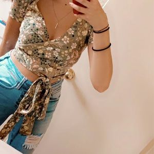 Olive Floral Print Wrap Top